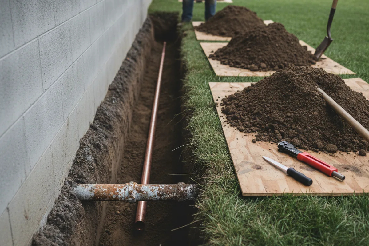 Excavated water line trench during Water Softener Installation in Hialeah